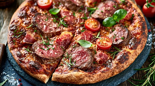 Gourmet steak pizza with sliced beef, tomatoes and fresh herbs on a rustic crust, appetizing closeup food styling for restaurant menus and advertising.

