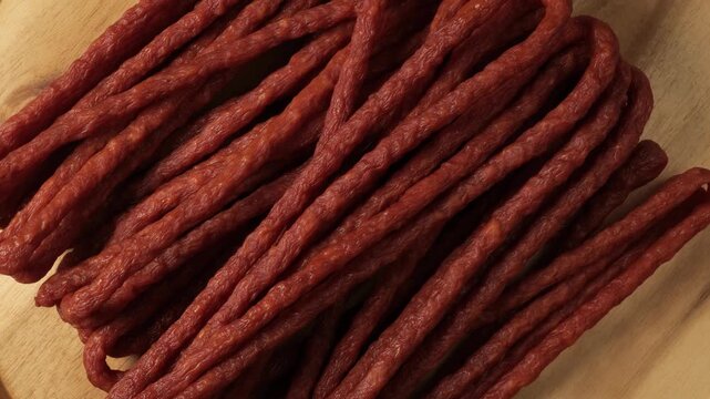 Smoked thin pork kabanos sausages rotating