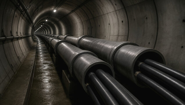 Industrial cable tunnel with large metal conduits extending through dark concrete passage, wet floor and dramatic perspective create underground