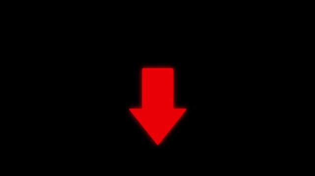 Animated arrow pointing down on black background. Motion graphics of red arrow concept