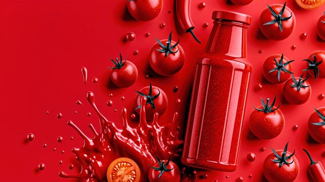 Red tomato sauce bottle surrounded by fresh tomatoes and dramatic splashes on a vibrant red background for food packaging, branding and advertising.

