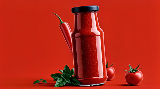 Red hot sauce bottle with chili pepper, tomatoes and fresh herbs on a vivid red background for spicy food packaging and culinary advertising.

