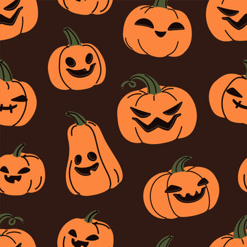 Halloween pumpkins, seamless pattern design. Autumn holiday background with orange jack-o-lanterns. Endless fall texture, repeating print for Haloween wrapping, fabric. Flat vector illustration