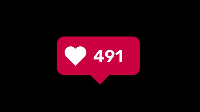 Social media 1000 likes notification bubble with heart icon counter animation loop on black background