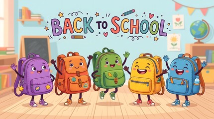 Fototapeta premium Colorful cartoon animals celebrate back to school with backpacks and cheerful expressions