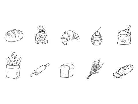 Bread and bakery illustration set in simple fine line sketch style. Sourdough, croissant, cupcake, wheat, flour, cookies icon sheet. Hand drawn vector collection. 