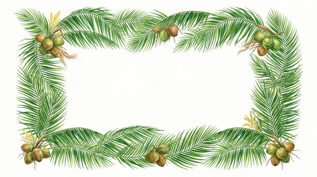 Tropical Coconut Palm Leaf Border Frame with Green Foliage and Copy Space