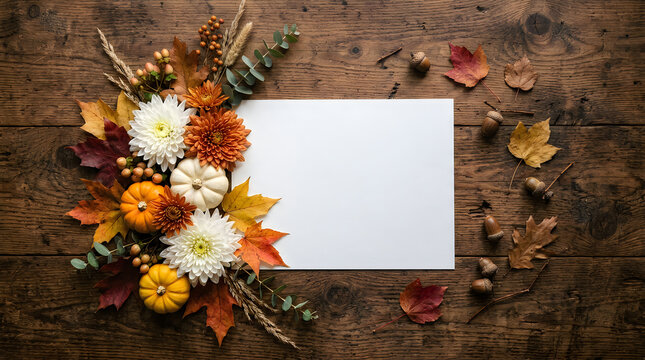Beautiful autumn floral arrangement with a blank white greeting card on a rustic wood table background