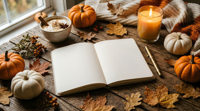 Warm autumn still life scene with an open notebook surrounded by pumpkins and seasonal fall decorations