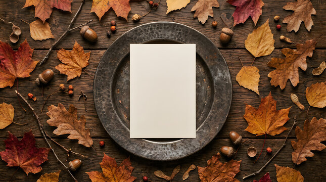 A beautiful autumnal frame created from vibrant colorful fallen leaves with a blank card for fall greetings