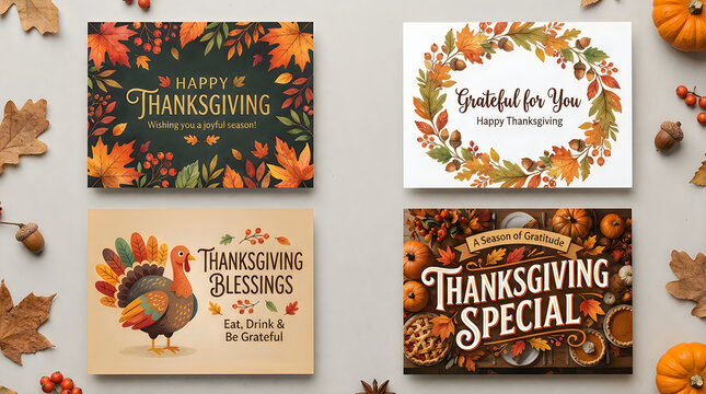 Festive thanksgiving social media templates with autumn leaves and holiday greetings for seasonal promotions