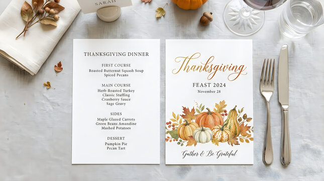 Elegant restaurant menu layout with floral design and detailed pricing on a table setting