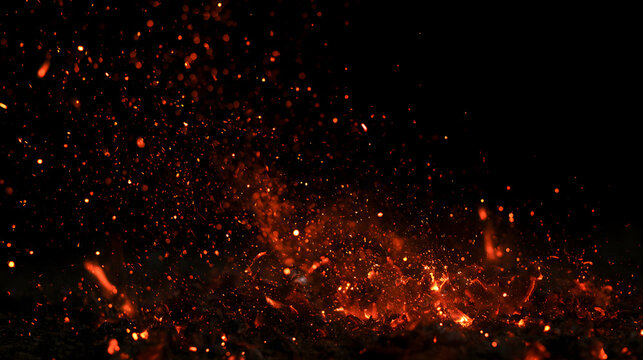 Glowing red embers and sparks against a dark background create a mesmerizing, fiery ambiance.