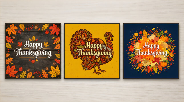 Three beautiful festive thanksgiving backgrounds featuring colorful autumn leaves and a detailed turkey illustration for your holiday designs