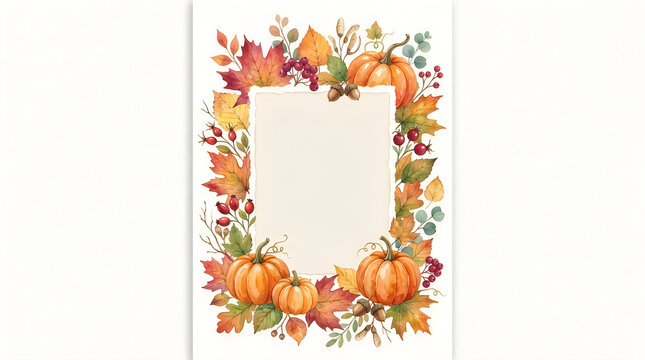 Beautiful watercolor autumn frame featuring pumpkins colorful leaves and delicate floral elements perfect for fall season designs
