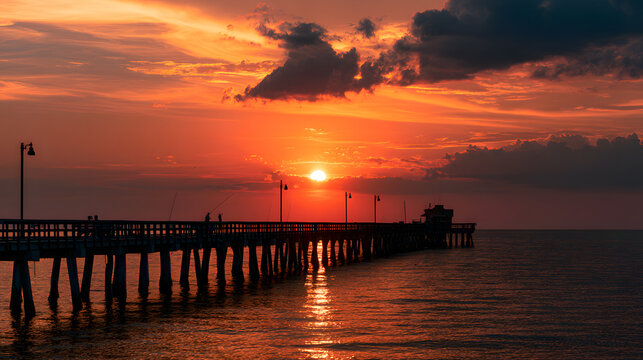 A serene sunset over a fishing pier silhouetted against vibrant orange and purple skies.