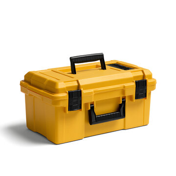 Durable yellow tool box with a sturdy handle, perfect for organizing tools and supplies.