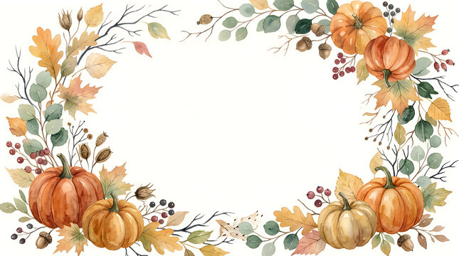 Beautiful watercolor autumn frame featuring pumpkins colorful leaves and delicate floral elements on a clean white background