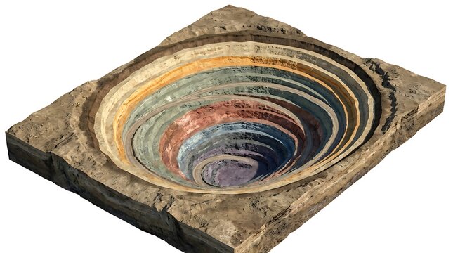 Open Pit Mine Excavation Cross Section View Isolated on White Background