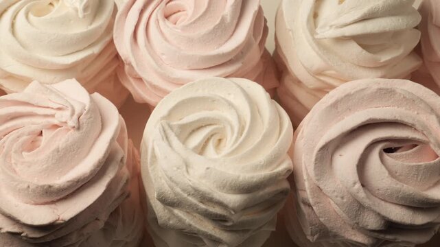 Pink and white marshmallow zefir moving in a dolly shot