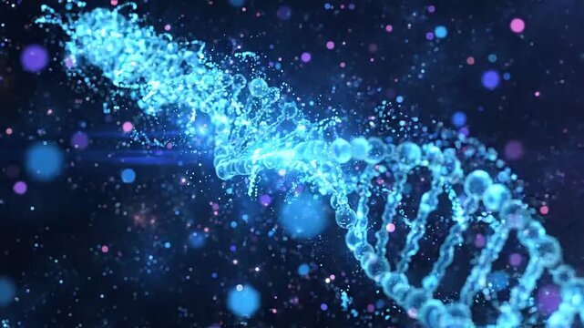 Glowing blue digital dna double helix structure floating in a dark environment with bokeh light particles