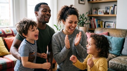 Obraz premium A joyful family, including parents and two young children, share a moment of laughter and excitement, creating a heartwarming scene of domestic bliss.