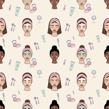 Vector seamless pattern featuring diverse women with facial masks, cream, makeup brushes, and skincare cosmetics on a white background. Ideal for beauty packaging, textile, and wellness design.