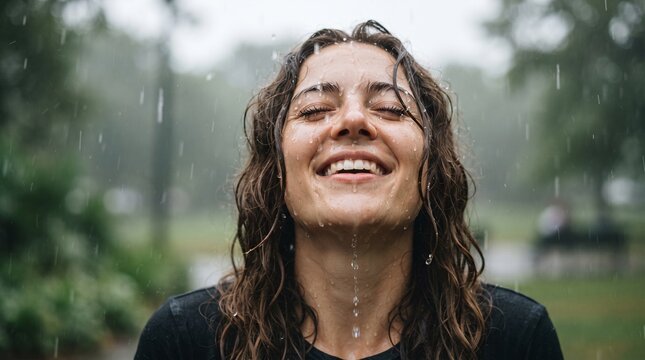 A young woman with closed eyes and a radiant smile embraces the refreshing downpour, finding pure bliss and freedom in the natural cleansing of a summer rain shower.