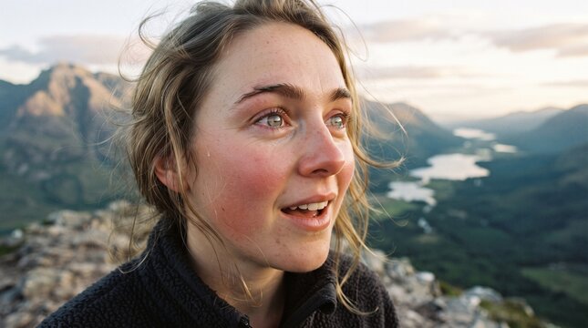 A young woman with windblown hair and a flushed face gazes out at a breathtaking mountainous landscape, embodying a spirit of adventure and awe.