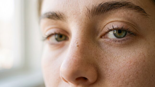 A close-up shot focuses on the expressive eyes and textured skin of a young woman, revealing a sense of introspection and quiet contemplation.