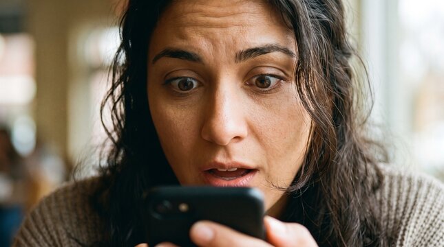 A woman expresses shock and surprise as she looks at her smartphone, her eyes wide with disbelief. The close-up shot captures a moment of intense emotion.