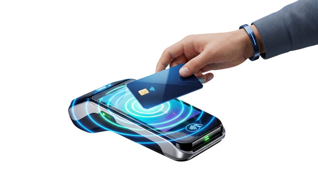 Hand holding credit card over pos terminal for contactless payment