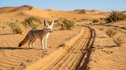 Naklejka premium Fennec Fox in Desert Dunes: A small Fennec fox stands on a sandy desert track, its large ears perked, surrounded by rolling sand dunes and sparse desert vegetation under a clear blue sky.