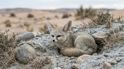 Naklejka premium Fennec Fox in Arid Landscape: A small fennec fox with distinctive large ears rests camouflaged among rocks and sparse desert vegetation, showcasing its adaptation to a harsh, dry environment.