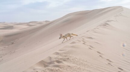 Naklejka premium Desert Fox in Sandy Dune: A solitary desert fox cautiously navigates a vast expanse of undulating sand dunes, its agile form silhouetted against a hazy, sun-drenched sky.