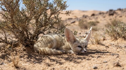 Naklejka premium Fennec Fox in the Desert: A fennec fox with large ears rests in the shade of a desert shrub, its sandy coat blending with the arid landscape under the bright sun.