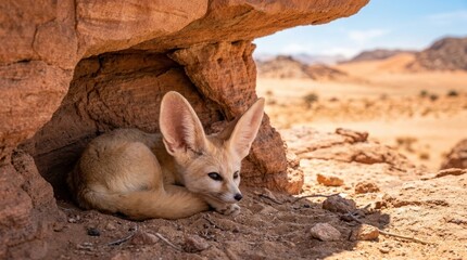 Naklejka premium Fennec Fox in Desert Den: A fennec fox with its characteristic large ears rests in the cool shade of a rock crevice, while the arid desert landscape stretches out under a clear sky.