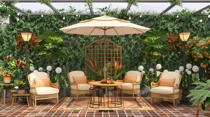 Fototapeta premium Lush outdoor patio with seating, plants, overhead lights, and a table, creating a serene space