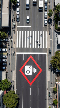 Aerial View Of Traffic Camera Marking On City Street With Pedestrians Crossing