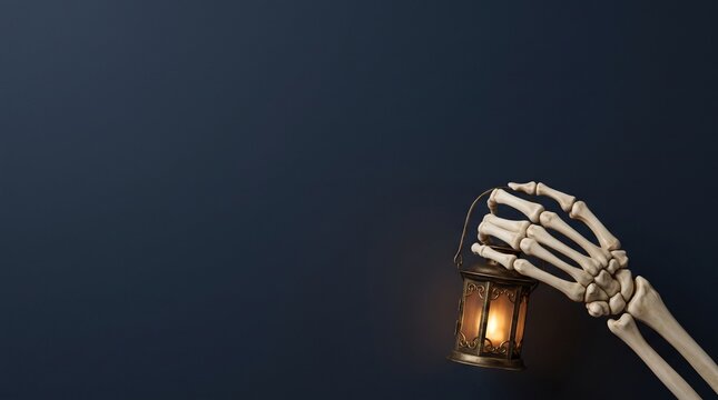 A spooky human skeleton hand holding a small vintage metal lantern with a glowing light against dark background