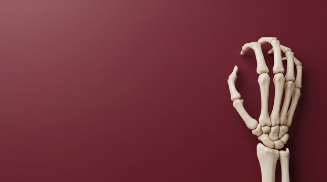 Human skeleton hand model isolated on a solid dark red background for medical science and educational study