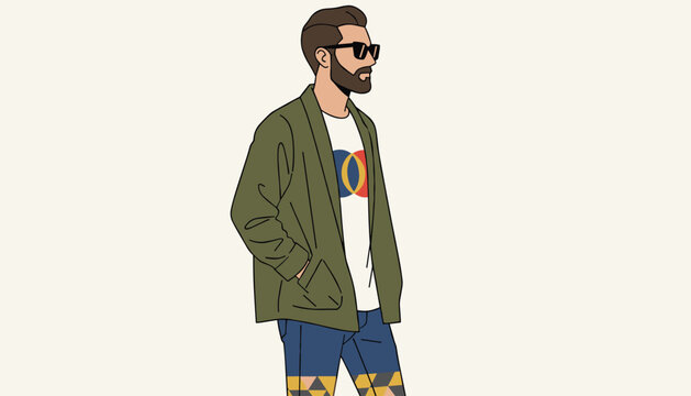 Stylish bearded man wearing sunglasses, a green jacket, and a printed t-shirt poses against an off-white background.