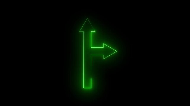 Glowing green Neon Arrow Splitting into Two Directions Animation, Futuristic Navigation Pointer Symbol Loop, Modern Digital Technology Choice and Decision Concept Motion Graphics on Black Background.