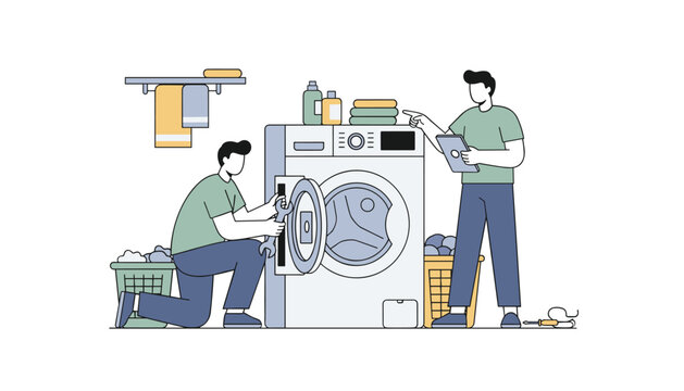 Two professional technicians in a laundry room work together to repair and inspect a modern front-loading washing machine.