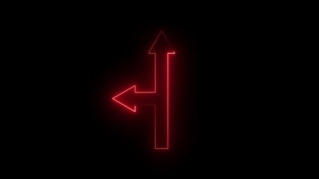 Glowing Red Neon Arrow Splitting into Two Directions Animation, Futuristic Navigation Pointer Symbol Loop, Modern Digital Technology Choice and Decision Concept Motion Graphics on Black Background.