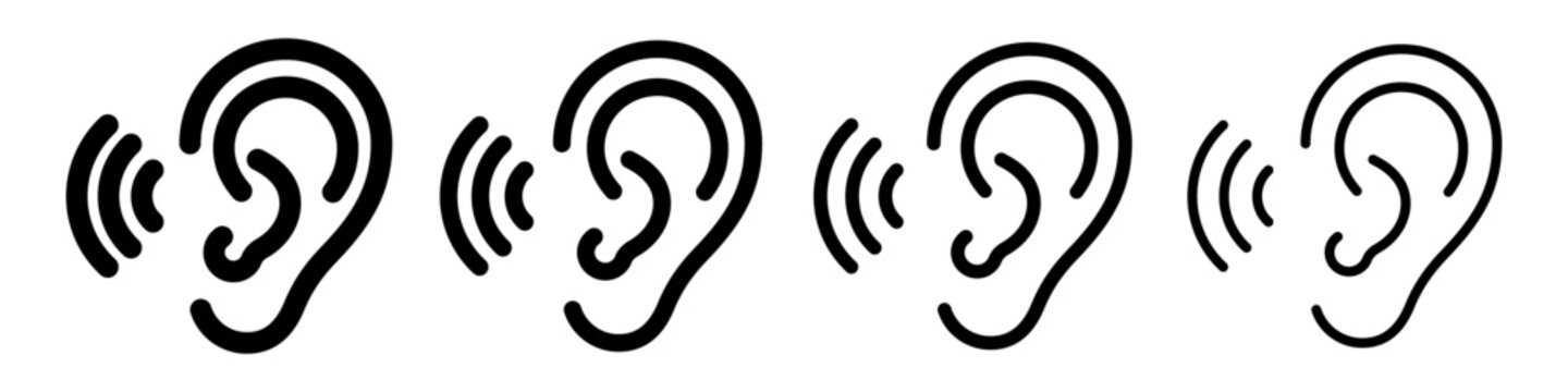Ear with sound wave outline icon. Editable vector symbol for hearing, listening, sound, accessibility, healthcare signage and interface design.