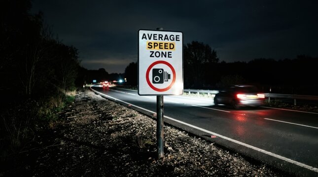 Average Speed Zone Road Sign At Night With Blurred Car Motion