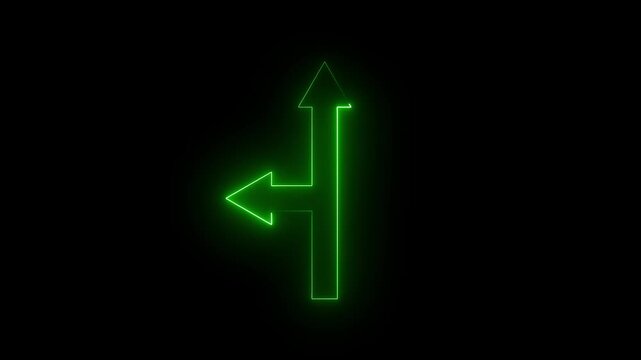 Glowing Green Neon Arrow Splitting into Two Directions Animation, Futuristic Navigation Pointer Symbol Loop, Modern Digital Technology Choice and Decision Concept Motion Graphics on Black Background.