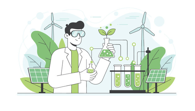 Biotech scientist in a lab coat and safety goggles holds a glass flask containing green liquid and a plant seedling.