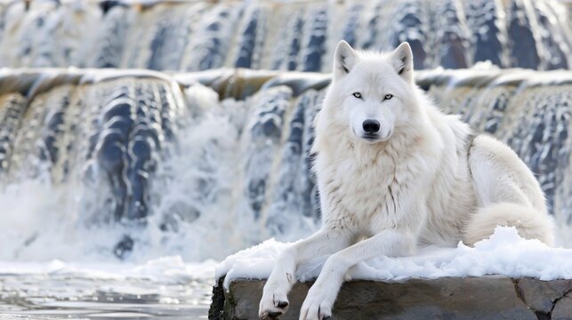 Majestic white wolf rests on snowy rock, waterfall backdrop